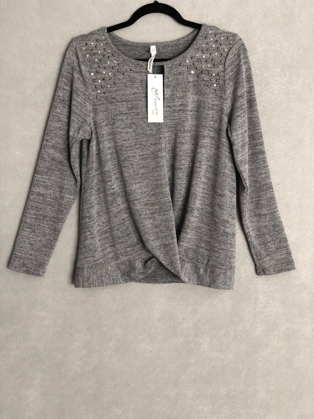 NY Collection Keyhole Top Long Sleeve Studded Gray Women's Size PL NEW
